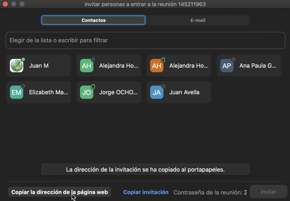 Copia el enlace y compártelo para invitar personas a la reunión.